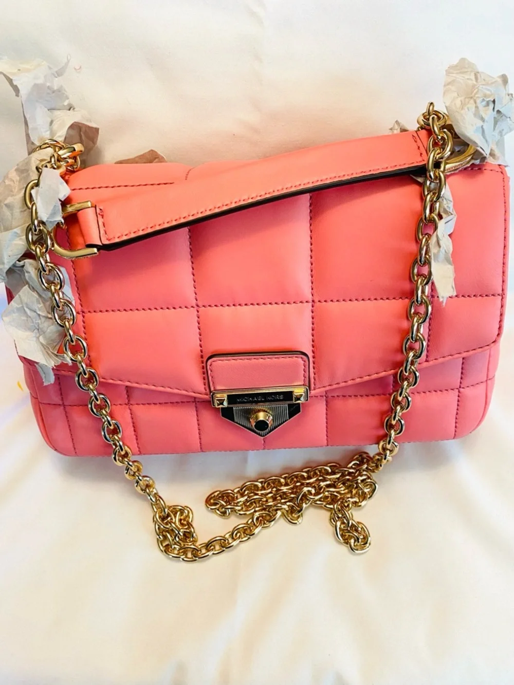 NWT Michael Kors SoHo Large Quilted Flap Shoulder Bag Tea Rose Gold Chain